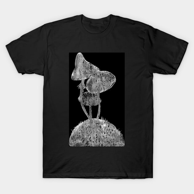 Forest mushrooms and moss at the meadow isolated on black. Simple abstract boho, Scandinavian monochrome ink painting. Design for the print, fabric, poster, wallpaper, cover and packaging, wrapping. T-Shirt by Olesya Pugach